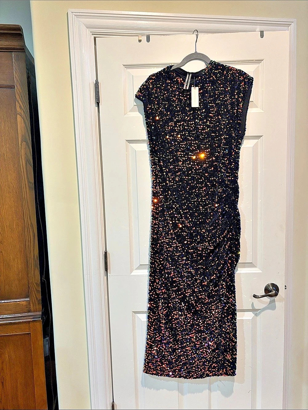 Anthropologie Cap-Sleeve Mock-Neck Midi Dress Sequin